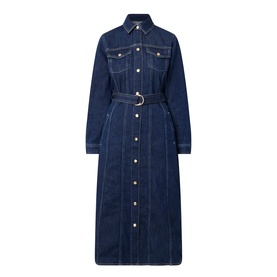 Gant Dark Wash denim midi dress with belt, button-front, chest pockets, and contrast stitching. Long sleeves, shirt collar.