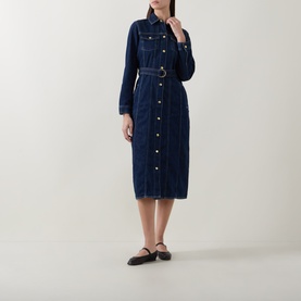 Model wearing Gant Dark Wash denim midi dress with belt, button-front and long sleeves, styled with black Mary Jane flats.