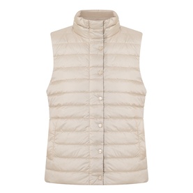 Gant Logo Down-Filled Gilet in beige with stand-up collar, snap button placket, and quilted down-filled finish