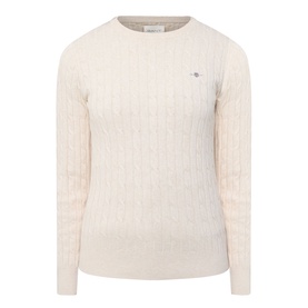 Gant Shield Logo Cable Knit Sweater in beige, crew neckline, cable knit pattern, long sleeves, ribbed trims, small shield logo on chest