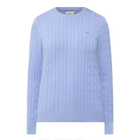 Gant Shield Logo Cable Knit Sweater in lavender, crew neckline, cable knit texture, long sleeves, ribbed trims, small shield logo
