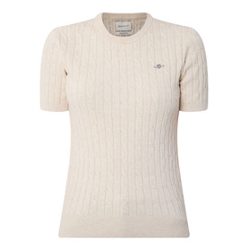 Gant beige cotton cable-knit short-sleeve sweater with crew neck and small embroidered chest logo