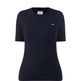 Gant Cable Knit Top in blue, crew neck with short sleeves, cable knit texture and shield logo embroidery at chest