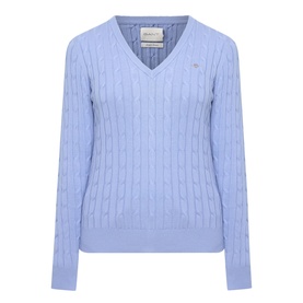 Gant Shield Logo Cable Knit Sweater in Misty Lavender, V-neck with cable knit pattern, small shield logo, and ribbed trims.