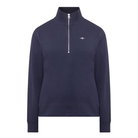 Gant Shield Logo Half-Zip Sweatshirt in blue with funnel neck, silver half-zip, embroidered shield logo and ribbed trims