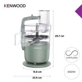 Kenwood Go MultiPro Food Processor in green with dimensions: 29.7cm height, 23.9cm width, 15.8cm depth, 650W motor.