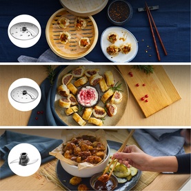 Kenwood Go MultiPro Food Processor Green shown across three lifestyle shots with dumplings, spring rolls, and fried chicken dishes