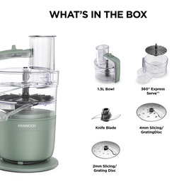 Kenwood Go MultiPro Food Processor in green with accessories: 1.3L bowl, knife blade, 360&deg; Express Serve, 2mm and 4mm slicing discs.
