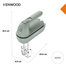 Kenwood Go Quickmix HandMixer in green with two stainless steel beaters, shown with dimensions: 18.5cm x 8.9cm x 20.8cm, 350W