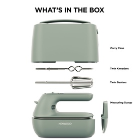 Kenwood Go Quickmix Hand Mixer in green with carry case, twin kneaders, twin beaters and measuring scoop accessories shown.