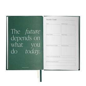 The Head Plan Undated Cloth Covered Journal in Forest Green, open to show Weekly Goals page and motivational quote interior.