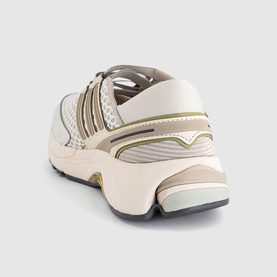 Adidas trainer in Wonder White and Wonder Beige, rear view showing ribbed heel counter, olive stripe detailing and chunky white sole.