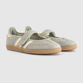 Adidas Halo Green and Warm Vanilla knit Mary Jane trainers with gum rubber sole and tonal stripe detail