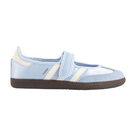 Adidas Samba Mary Jane trainer in Crystal Sky and Cream White leather with velcro strap, cream side stripe, and dark brown rubber sole.