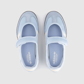 Adidas mary jane flat shoes in crystal sky and cream white, overhead view showing velcro strap, blue insole and white sole