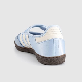 Adidas Samba trainer in crystal sky and cream white, rear view showing brown gum sole and three-stripe heel detail