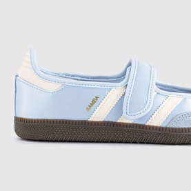 Adidas Samba crystal sky and cream white leather trainer with velcro strap, three stripes, gold branding, and dark gum sole