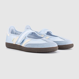 Adidas trainers in crystal sky and cream white, suede and mesh upper, brown rubber sole, Mary Jane strap detail