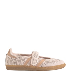 Adidas Samba Jane Flats in Wonder Quartz Halo Blush, woven mesh upper, hook-and-loop strap, gum rubber sole