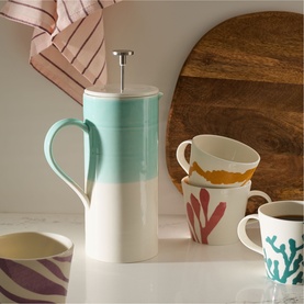 Royal Doulton 1815 Bright Aqua French Press 1.5L in mint and white dipped glaze, styled with colourful patterned mugs on white surface