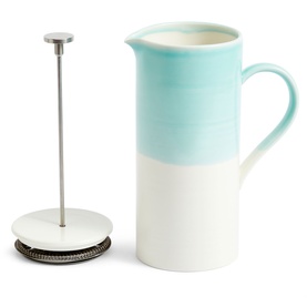 Royal Doulton 1815 Bright Aqua French Press 1.5L in two-tone aqua and white dipped glaze porcelain, shown with plunger removed