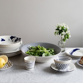 Royal Doulton 1815 Pacific Bowl 16cm in multi, porcelain, styled on a table with coordinating blue and white dinnerware pieces