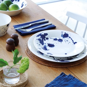 Royal Doulton 1815 Pacific Bowl 16cm in white porcelain with blue ink-splash pattern, styled on a wooden table with matching plates