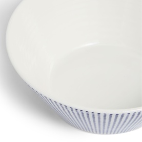 Royal Doulton 1815 Pacific Bowl 16cm in white porcelain with blue vertical stripe pattern on exterior, dishwasher safe