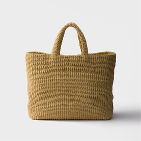 Prada Accessories neutral woven raffia tote bag with structured top handles and textured basket-weave body