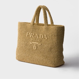 Prada Accessories neutral woven raffia tote bag with embossed logo, short top handles, and structured silhouette