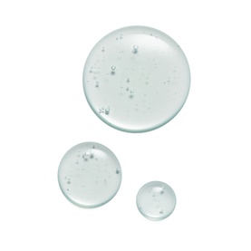 Estee Lauder DayWear Glow Boost Gel Cleanser texture shown as three clear gel droplets with air bubbles on white background
