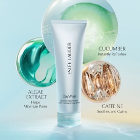 Estee Lauder DayWear Glow Boost Gel Cleanser tube surrounded by ingredient highlights: algae extract, cucumber, and caffeine.