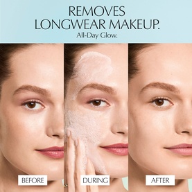 Est&eacute;e Lauder DayWear Glow Boost Gel Cleanser before, during and after application triptych showing makeup removal and glowing skin results.