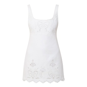 LOVESHACKFANCY Fable Cut-Out Mini Dress in white with square neckline, wide straps, floral and bow eyelet embroidery, and scalloped hem.