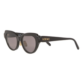 Loewe Slim Logo Geometric Sunglasses in black acetate, cat-eye shape, gold-tone logo lettering on slim arms, grey lenses