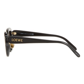 Loewe Slim Logo Geometric Sunglasses in black acetate, side profile showing slim arm with gold-tone hinge and embossed logo detail.