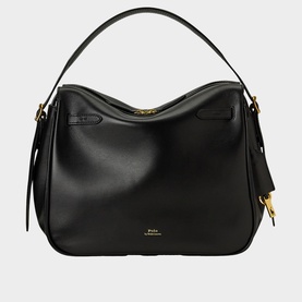 Polo Ralph Lauren black leather satchel with gold-tone hardware, top handle and adjustable crossbody strap