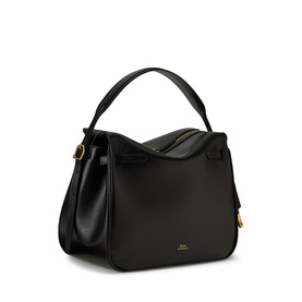 Polo Ralph Lauren black leather satchel with gold-tone hardware, structured silhouette, top handle and detachable shoulder strap