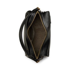 Polo Ralph Lauren black leather satchel, open top view showing brown suede interior lining and gold-tone zip detail