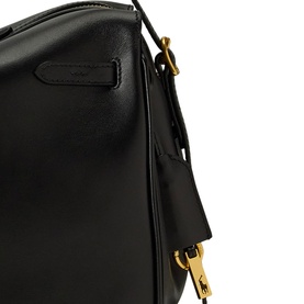 Polo Ralph Lauren black leather satchel, close-up showing gold-tone hardware clasp and adjustable shoulder strap detail