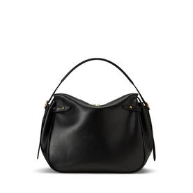 Polo Ralph Lauren black leather satchel with single top handle, gold-tone hardware, and tassel side details