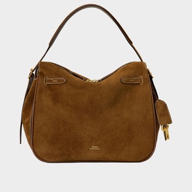 Polo Ralph Lauren Satchel in Cinnamon/Cuoio suede, single top handle, gold-tone hardware, zip closure and charm detail.