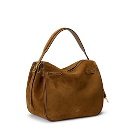 Polo Ralph Lauren Satchel in cinnamon suede with gold-tone hardware, structured body, zip top, and single rolled top handle