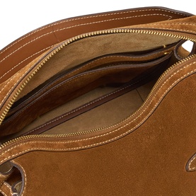 Polo Ralph Lauren Satchel in Cinnamon/Cuoio tan suede, open interior view showing zip compartments and contrast stitching detail