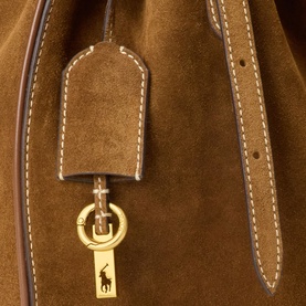 Polo Ralph Lauren Satchel in cinnamon suede with gold-tone hardware and contrast white stitching, close-up detail shot