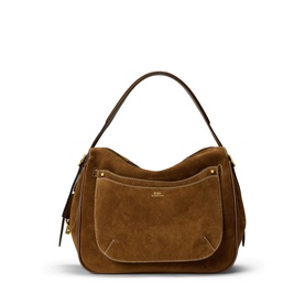 Polo Ralph Lauren Satchel in Cinnamon/Cuoio suede, single shoulder strap, front patch pocket, gold-tone stud detail