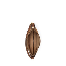 Polo Ralph Lauren cinnamon and cuoio shoulder bag, open top-down view showing tan interior compartments and gold zip fastening