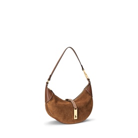 Polo Ralph Lauren shoulder bag in Cinnamon/Cuoio suede, crescent silhouette with gold-tone clasp hardware and slim top-handle strap