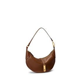 Polo Ralph Lauren shoulder bag in Cuoio brown leather, crescent silhouette, gold-tone zip charm and single top handle strap
