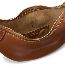Polo Ralph Lauren shoulder bag in Cuoio, open interior view showing tan leather lining and gold-tone zip hardware